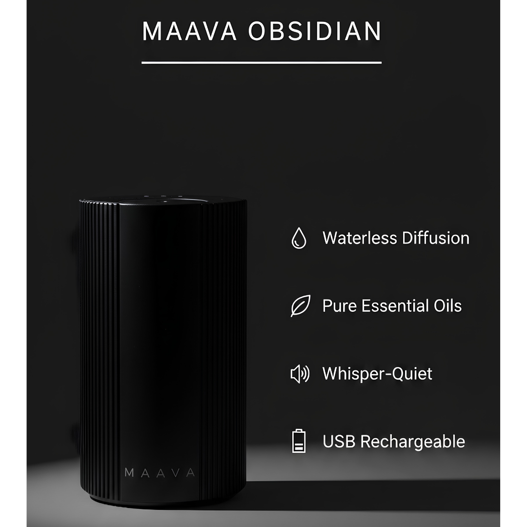 Black cylindrical essential oil diffuser labeled MAAVA OBSIDIAN on a dark background, with white text listing features: waterless diffusion, pure essential oils, whisper-quiet, and USB rechargeable.