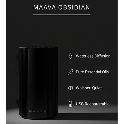 Black cylindrical essential oil diffuser labeled MAAVA OBSIDIAN on a dark background, with white text listing features: waterless diffusion, pure essential oils, whisper-quiet, and USB rechargeable.